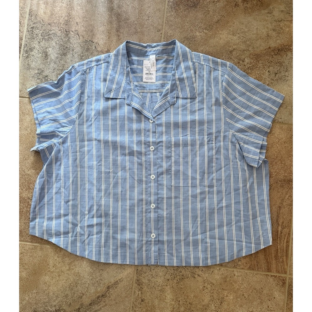 NEW Womens Auden Light Blue Stripe Short Sleeve Button Lounge/PJ Top Size 2X NWT